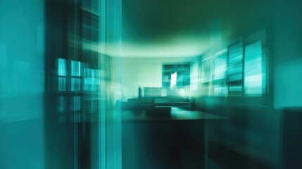 Aufkleber - Abstract blurred image of a modern office interior at night, showing glowing screens and furniture.