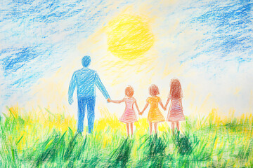 Hand drawn with colored pencils of a family and children holding hands in the grass, with the bright sun overhead.