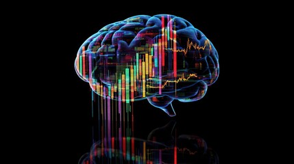 Aufkleber - Abstract brain with colorful data streams reflecting on a dark surface.