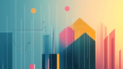 Leinwandbilder - Abstract city skyline with financial graphs at sunrise.