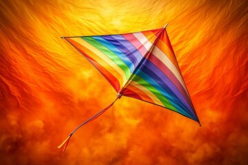 Wall Mural - Vibrant Rainbow Kite Soaring Against a Sunny Orange Sky - Stock Photo