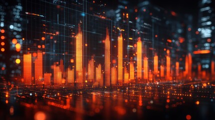 Leinwandbilder - Abstract city skyline with glowing digital data overlay, representing technological advancement and urban development.