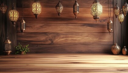Poster - Ornate Metal Lanterns Hanging Over Wooden Table Background