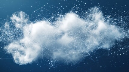 Poster - Abstract cloud computing network visualization; digital data connections in a fluffy white cloud against a dark blue background.