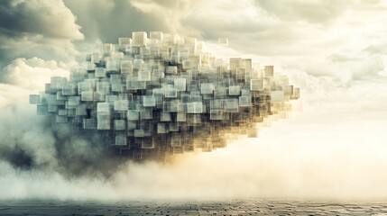 Aufkleber - Abstract cloud of translucent cubes floating above a misty ground.