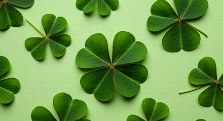 Wall Mural - Clover leaves on a bright green background close up showing detailed texture and vibrant greenery