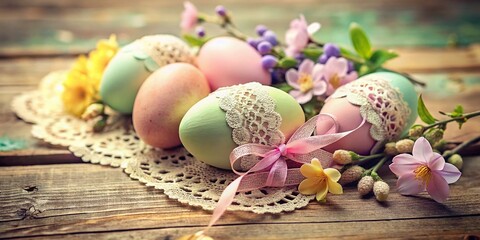 Wall Mural - Vintage Easter Egg Decorating: Pastel Colored Eggs & Spring Flowers