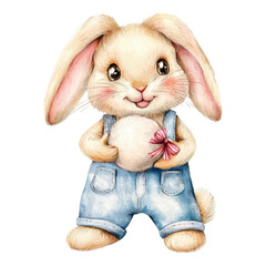 Wall Mural - Cute cartoon bunny in overalls holding an Easter egg decoration