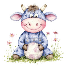 Wall Mural - Cute Cartoon Cow Character Sitting on Grass with Flowers and Smile