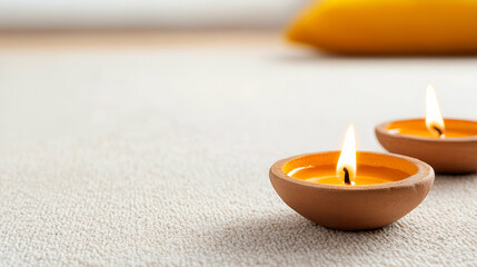 A serene setting featuring two glowing candles on a soft surface