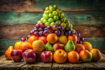 Wall Mural - Vintage Still Life: Towering Fruit Pyramid, Rustic Charm, Abundant Harvest