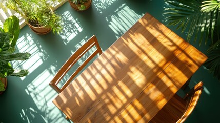 Wall Mural - A beautifully lit wooden table surrounded by lush green plants creates a serene atmosphere, highlighting textures and shadows, perfect for a calming aesthetic.