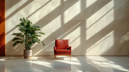 Wall Mural - A striking red chair positioned elegantly against a smooth, light-toned marble wall, creating a sophisticated atmosphere infused with natural light and design.