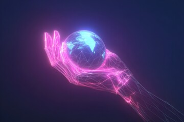 Symbolic image of a hand made of low-poly wireframe, grasping a wireframe Earth