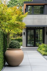 Wall Mural - This contemporary home boasts an elegant landscape design, highlighted by a spacious decorative pot and meticulously trimmed hedges that enhance its appeal