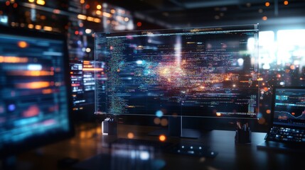Wall Mural - high-tech workspace with digital screens displaying vibrant data and colorful visualizations in 4k