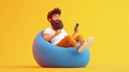 Handsome cartoon beard character man in white t-shirt relax at blue bean bag armchair and use smartphone over yellow background. 3d render illustration.