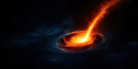 Wall Mural - a swirling black hole emits a fiery stream of energy, surrounded by dark cosmic space, depicting the