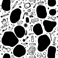 Wall Mural - Abstract Black and White Doodle Pattern: A playful, modern seamless pattern featuring hand-drawn black doodles of everyday objects and abstract shapes against a clean white background.