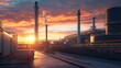 © Sarunya - Wind and natural gas energy solutions working together to create a greener future, with a beautiful sunset over the energy plant.
