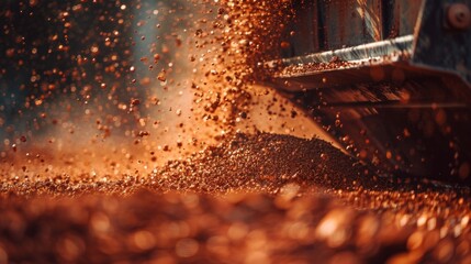 Aufkleber - Heavy machinery is at work, displacing brown soil and generating dust clouds in bright sunlight at a construction site, showcasing the energy of the excavation process.