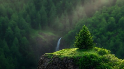 Wall Mural - Lush green landscape featuring a solitary tree on a cliff with a waterfall in the background