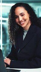 Poster - Business, woman or face with laptop in office for stock market research, NFT account review or reading trends. Night trader, person or happy at desk for crypto investment or planning trading schedule