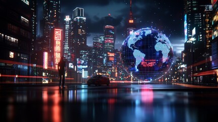 An immersive 3D animation featuring a holographic depiction of planet Earth inside a futuristic digital command center, highlighting global connectivity and advanced surveillance