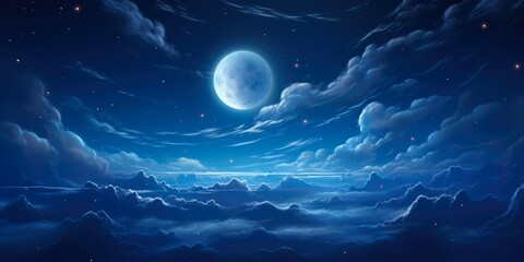 Wall Mural - full moon in the sky - a dark and mysterious night with blue clouds, stars and moonlight perfect for