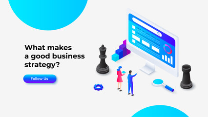 Poster - Isometric illustration with chess pieces and a digital interface, emphasizing strategy, planning, and teamwork in developing effective business concepts and innovative solutions