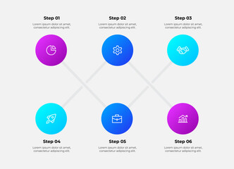 Wall Mural - Modern Business Process Infographic Showing Six Steps with Gradient Circles and Icons. Ideal for presentations, business strategy, and showcasing project workflows