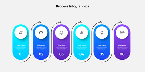 Wall Mural - Six steps infographic design with gradient colors and icons representing workflow, steps, and processes, ideal for presentations or project planning