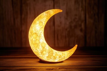 Wall Mural - A sleek, energy-efficient LED lamp designed to resemble a crescent moon. The warm, yellowish glow creates a cozy and modern ambiance. Great for home decor or as a night light.