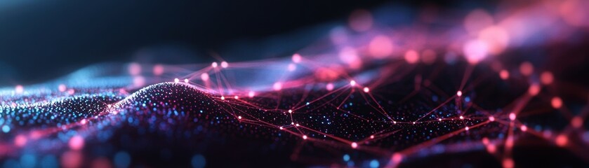 Abstract digital landscape with pink and blue dots and lines creating a network connection