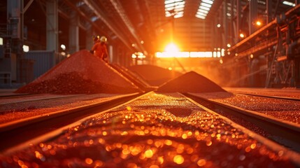 Aufkleber - Workers manage piles of raw metal material in an industrial setting as a stunning sunset casts an orange glow over the production area, creating a dramatic backdrop.