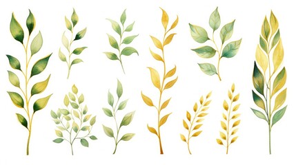 green and gold plants watercolor collection. elements of nature in watercolor. perfect for wedding a