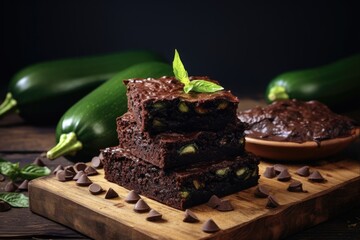 Wall Mural - Healthy Chocolate Zucchini Brownie on Vintage Table. Homemade Baked Cake with Cocoa, Courgette. Selective Focus, Haze Effect