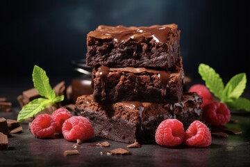 Wall Mural - Indulge in Rich Chocolate Brownies with Fresh Raspberry Toppings - A Homemade Delight