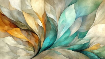 Wall Mural - abstract composition with flowing leaf like shapes of teal yellow and gray tones.