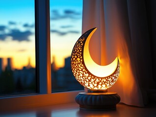 Wall Mural - A beautifully crafted, glowing moon-shaped night light illuminates the surroundings with its soft, ambient light. It's a modern and energy-saving LED lamp that can be dimmed for adjustable brightness.