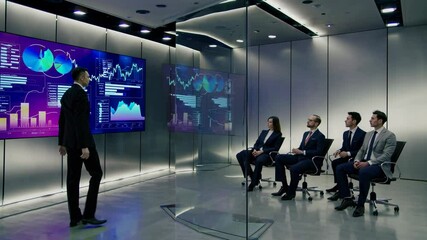 Poster - Successful business presentation showcasing market analysis and performance metrics in a modern office setting