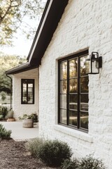 Wall Mural - White stone house with large windows surrounded by greenery, showcasing modern architecture in a serene suburban neighborhood during daylight