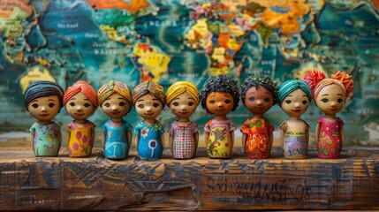 Brightly coloured wooden figures in national costumes on a world map background, ideal for projects related to cultural diversity and education.