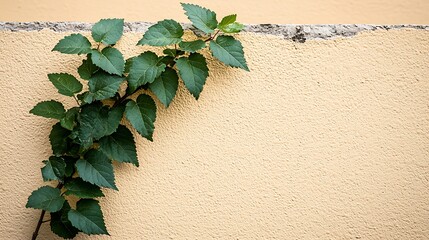 Wall Mural - Lush green vine gracefully climbing a textured beige wall in a serene outdoor setting