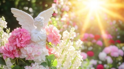 Wall Mural - Angelic Figure Among Pink Flowers In A Sunny Garden Setting With Bright Sunlight.