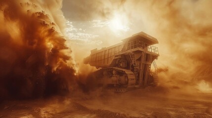 Aufkleber - A massive mining vehicle navigates a dust storm, set against a dramatic landscape and glowing with the warm light of sunset, showcasing industrial work in tough conditions.