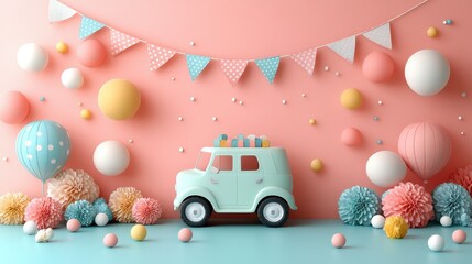 Wall Mural - A playful scene featuring a toy car amidst colorful decorations and balloons.