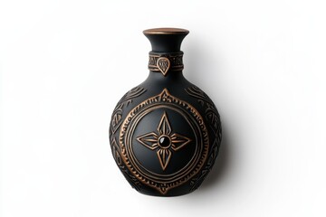 Macedonian mastika bottle with anise star pattern and traditional evil eye amulet, isolated on white, symbolic good luck charm