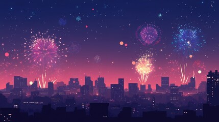 Wall Mural - A city skyline with fireworks in the sky