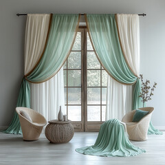 Wall Mural - Layered Elegance: A  stylish and modern living room features a double layer of curtains. the sheer and delicate sage green curtains create a feeling of airy elegance.